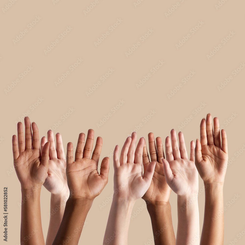 Poster diversity mockup, reaching and group of hands on studio background for question, asking and vote. te