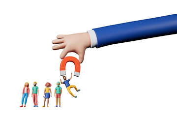 Employee recruitment concept with hand and magnet picking a new team member. 3D Rendering - obrazy, fototapety, plakaty