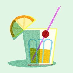 Illustration, Refreshing drink in a glass with orange slice, cocktail. Summer, vacation. Stickers, stickers, badges, advertising.