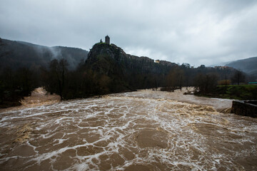 Floods in Castellfollit De La Roca, La Garrotxa, Girona, Spain. January 2020