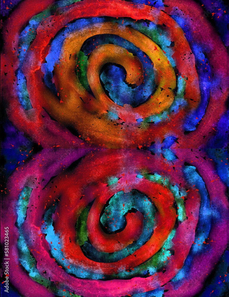 Poster two colorful watercolor spirals rotate towards each other and join in the center on a black backgrou