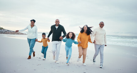 Running, smile and portrait of family on beach enjoy holiday, travel vacation and weekend together. Love, happy and grandparents, mom and dad with kids holding hands for bond, quality time and fun