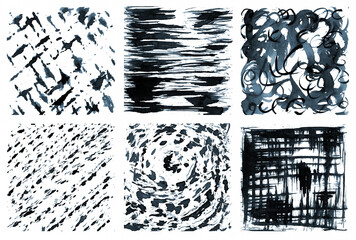 Grunge textures with swirls, lattices, stripes, spirals. Set of abstract watercolor monochrome textures on a white background. Illustration.