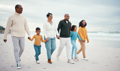 Happy grandparents, parents and children on beach enjoying holiday, travel vacation and weekend...