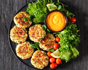 crab cakes with sauce, lettuce, tomatoes, lemon