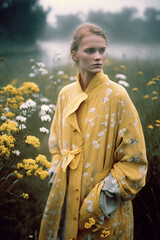 Fototapeta premium beautiful young model with long hair and with a bouquet spring flowers in a countryside location style, looking at camera, generative ai illustration