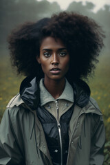 beautiful black model with curly hair  and with a bouquet spring flowers in a countryside location  style , looking at camera, generative ai illustration