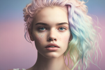 portrait of a  beautiful woman with pastel rainbow hair and pop candid background posing on camera, generative ai illustration
