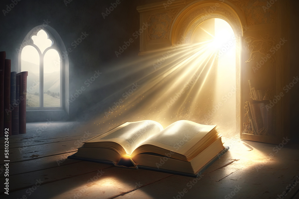 Wall mural holy bible. sacred ancient book illuminated by miracle of light. faith and religion concept. generat