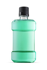 Green water mouthwash in plastic bottle with black cap isolated on white.