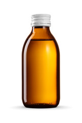 Blank amber pharmaceutical medical bottle with white cap isolated on white background.