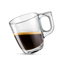 Glass cup of espresso coffee isolated on white. Levitation. No people.