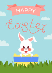 Obraz na płótnie Canvas Happy Easter Lettering Sign On The Postcard Or Banner With Rabbit. Vector Illustration In Flat Style