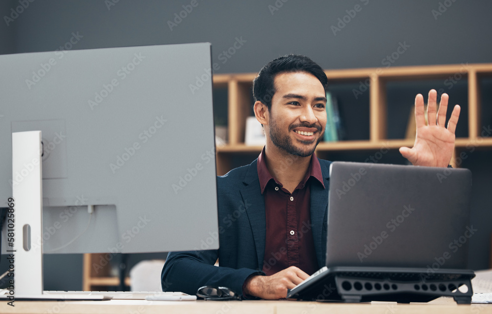 Poster Virtual screen, laptop gesture and person work on UX web design, app wireframe or website digital transformation. Information technology dashboard, graphic design hud and man rendering media system