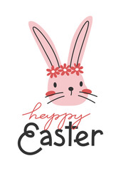 Hand drawn cute cartoon illustration of small rabbit face. Flat vector spring animal, Easter greeting card design sticker in colored doodle style. Bunny, hare character postcard template. Isolated.