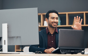 Virtual screen, laptop gesture and person work on UX web design, app wireframe or website digital...