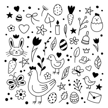 Happy Easter doodle set. Vector cute characters and design elements - eggs, bunny, rabbits, chickens, spring flowers, butterflies, hearts, stars. Hand drawn doodle illustration