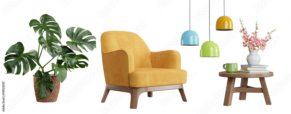 Poster various elements for use in interior design, isolated on transparent background. 3d render.