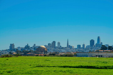 Outdoor park and recreation area on lawn overlooking downtown historic districts of san francisco...