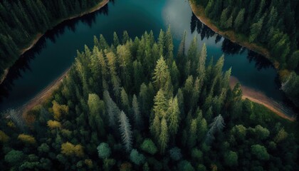 Aerial view of a green boreal forest with lake