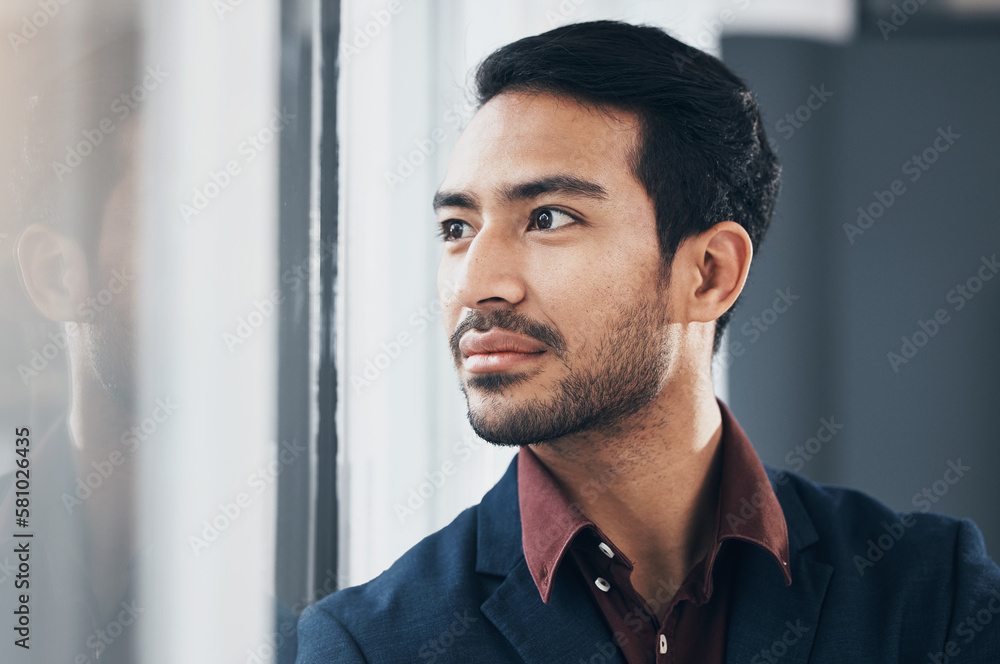 Poster window, face or architect man thinking of real estate project, office view or business mission. rela