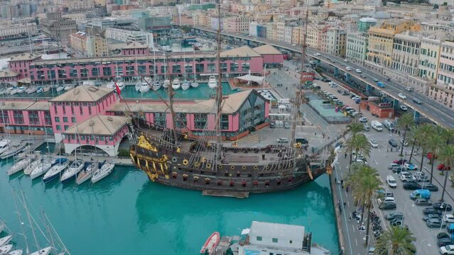 Neptune replica Spanish galleon ship at Genoa waterfront - tourist attraction