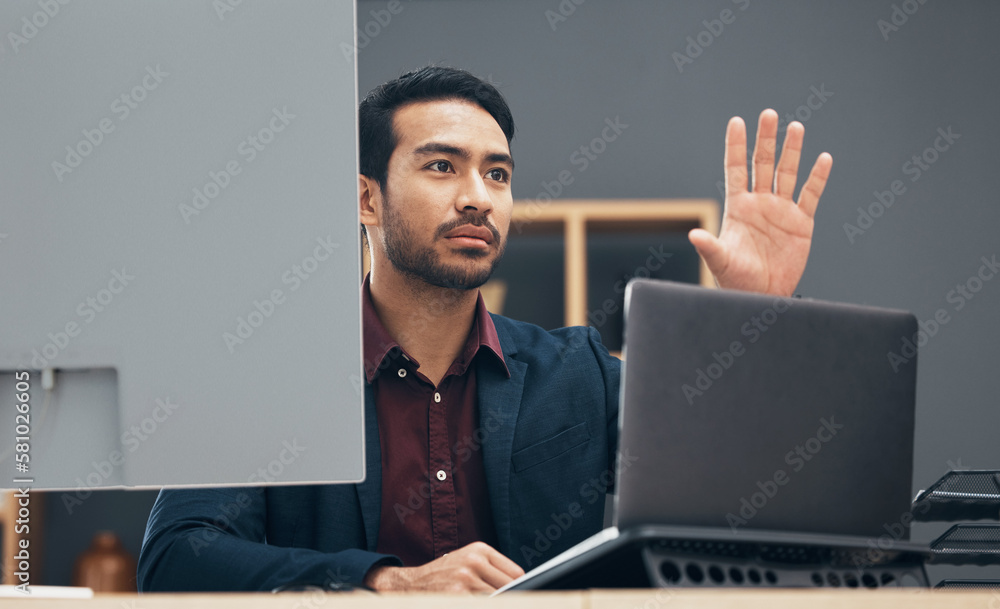Poster Laptop, virtual cyber gesture and man work on ux web design, app wireframe or website digital transformation. Information technology, dashboard hud and graphic designer rendering multimedia software