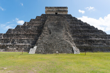 Close-up of the stairs of the Mayan temple of Chichen Itza, in Mexico. Travel concept.Mayan pyramids in Yucatan, Mexico