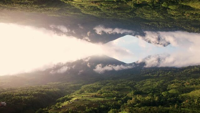 Scenic Drone View of Agricultural Rice Terraces Parallel Dimension Inception Style Mirror Effect. Surreal Vision of Futuristic Tropical View. Indonesia Aerial 4k. Metaverse, Multiverse, Futuristic.