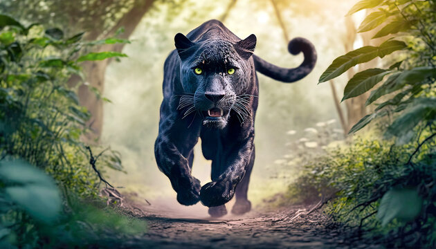 Black panther on the hunt: thrilling encounter of a wild jungle predator. Generative AI.
