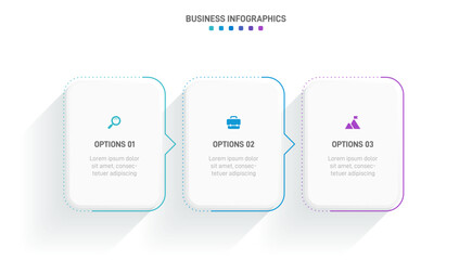 Timeline infographic with infochart. Modern presentation template with 3 spets for business process. Website template on white background for concept modern design. Horizontal layout.