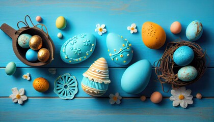 Easter holiday decoration on blue wooden background
