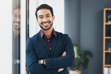 Fototapeta premium Portrait, leaning and business man happy for startup law firm, corporate development or company success. Happiness, office and Taiwan lawyer with pride in career vocation, job or professional growth