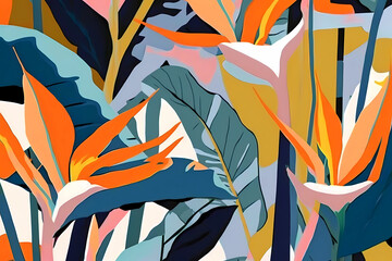 A Stunning Pattern of Strelitzia and Tropical Leaves, Generative AI