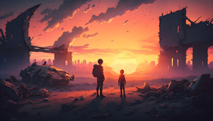 children in front of a ruined city, at sunset. cloudy sky, post-apocalyptic theme