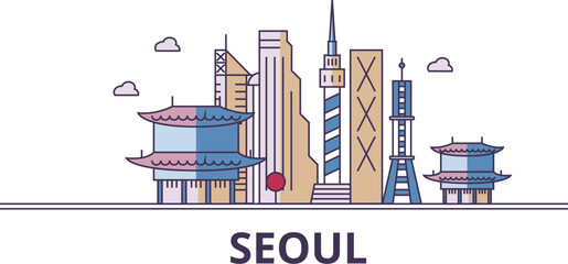 South Korea, Seoul tourism landmarks, vector city travel illustration