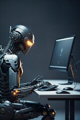 Android robot Artificial intelligence uses a computer for programming. The machine replaces human jobs and work. Ai Robot Sitting At Desk. Machine Learning. Chatbot. Chatgpt. Generative AI. - obrazy, fototapety, plakaty
