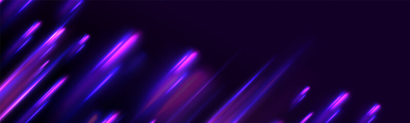 Luminous bright background. High speed effect motion blur night lights blue and red. Magic shining neon light line trails. Purple glowing wave swirl, impulse cable lines. Long time exposure. Vector	
