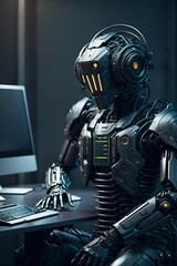 Fototapeta premium Android robot Artificial intelligence uses a computer for programming. The machine replaces human jobs and work. Ai Robot Sitting At Desk. Machine Learning. Chatbot. Chatgpt. Generative AI.