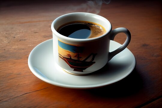 Hot Cup of Black Coffee. Closeup of Steamy Lifestyle on Table. Cafe morning background