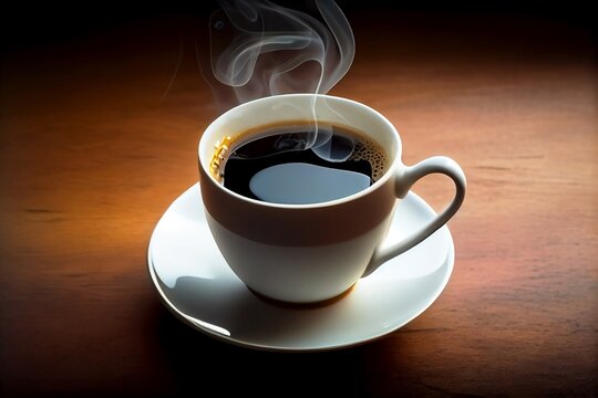 Hot Cup of Black Coffee. Closeup of Steamy Lifestyle on Table. Cafe morning background
