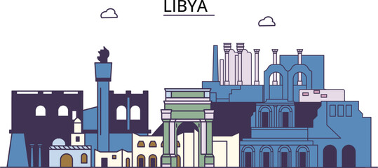Libya tourism landmarks, vector city travel illustration - obrazy, fototapety, plakaty