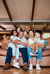 Love, portrait and happy big family relax, bonding and enjoy quality time together on house living room sofa. Happiness, home reunion and senior grandparents, parents and children smile in Costa Rica