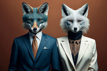 Cool and Calculated: Arctic Fox Couple in Sharp Business Attire, Creative stock image of animal couple in business suit. Generative AI