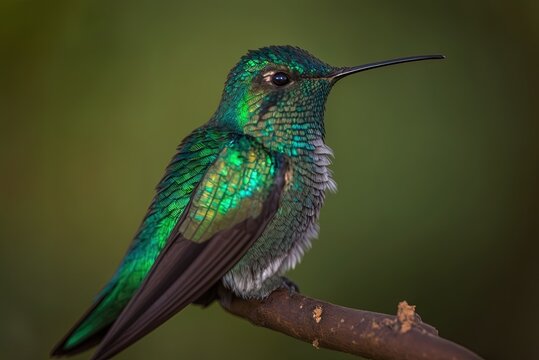 Image of colibr up up and personal, perched on a branch against a lush green backdrop. Generative AI
