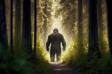 overgrown forest creature bigfoot walks between trees, created with generative ai - obrazy, fototapety, plakaty