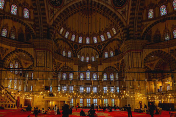 Interior of Fatih Mosque, Ottoman mosque in the Fatih district of Istanbul, with a huge decorated...