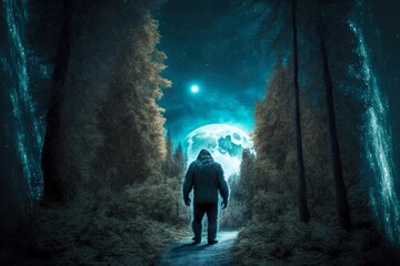 huge shaggy bigfoot stands on path against background of lunar forest, created with generative ai - obrazy, fototapety, plakaty