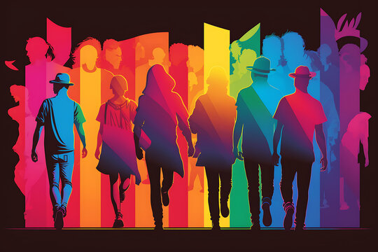 Generative ai illustration of silhouette of People in a gay pride parade,  LGBT flag background