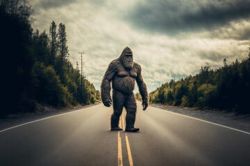 huge shaggy bigfoot stands in middle of roadway on highway, created with generative ai - obrazy, fototapety, plakaty